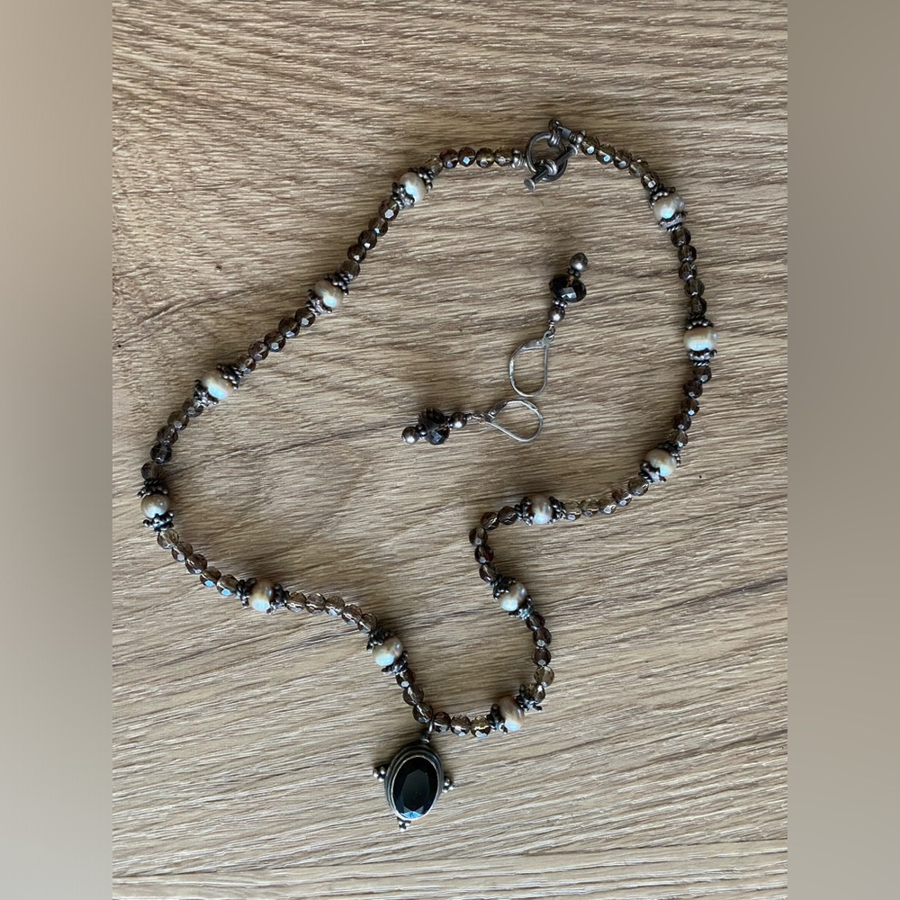 Dark brown quartz and pearl necklace with matching earrings